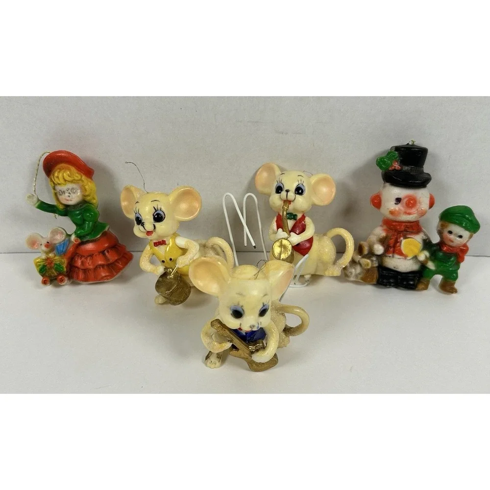 VTG Plastic blow mold Christmas Ornaments Lot of 5 Mouse Snowman Hong Kong